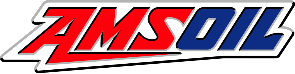 Stylized brand logo with bold red and blue lettering outlined in gray on a white background.