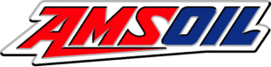Stylized brand logo with bold red and blue lettering outlined in gray on a white background.